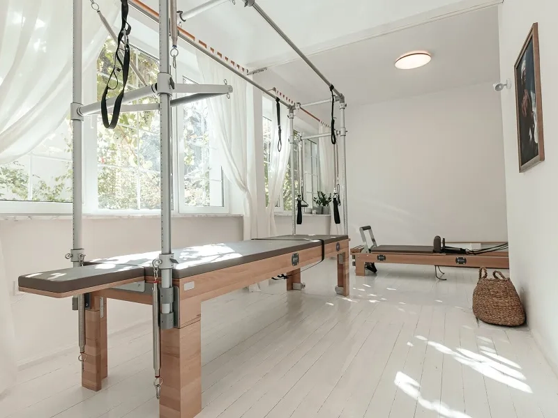 Exercise equipment for a home Pilates studio.