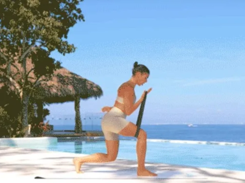 Resistance Band Lunge Bicep Curls exercises.