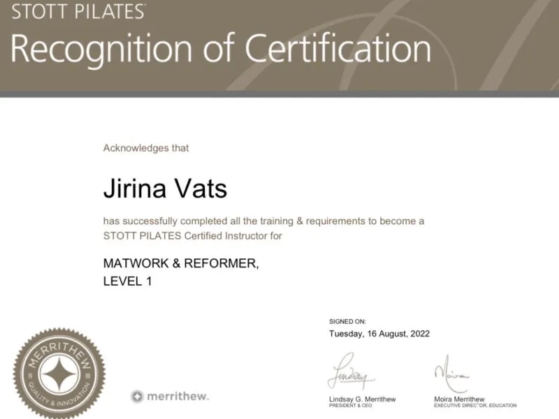 Stott Pilates Certification.