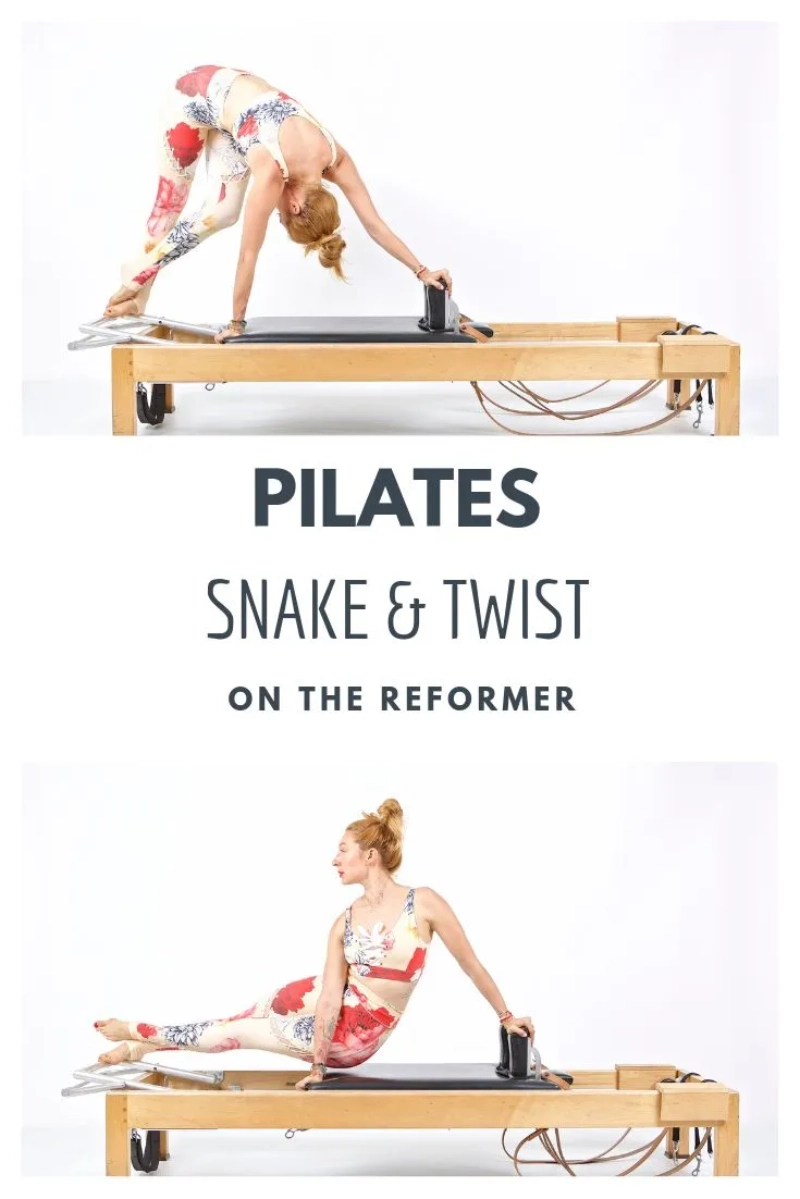 Pilates Snake and Twist exercise on the Reformer.